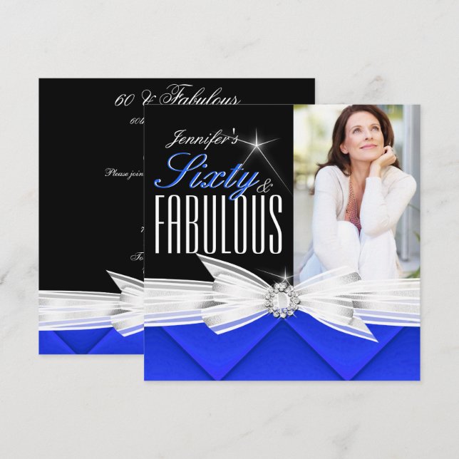 Fabulous 60 Photo Blue Elegant Birthday Party 3 Invitation (Front/Back)