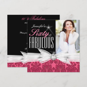Fabulous 60 Photo Damask Pink 60th Birthday Party Invitation