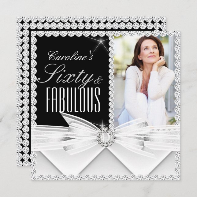 Fabulous 60 Photo Elegant Black White Birthday 2 Invitation (Front/Back)