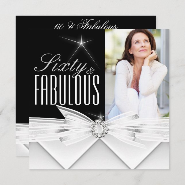 Fabulous 60 Photo Elegant Black White Birthday Invitation (Front/Back)