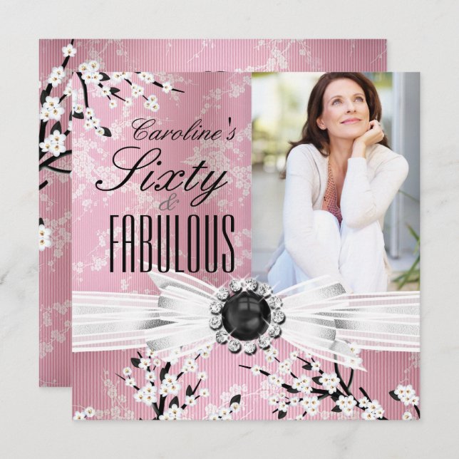 Fabulous 60 Photo Elegant Pink Blossom Birthday 2 Invitation (Front/Back)