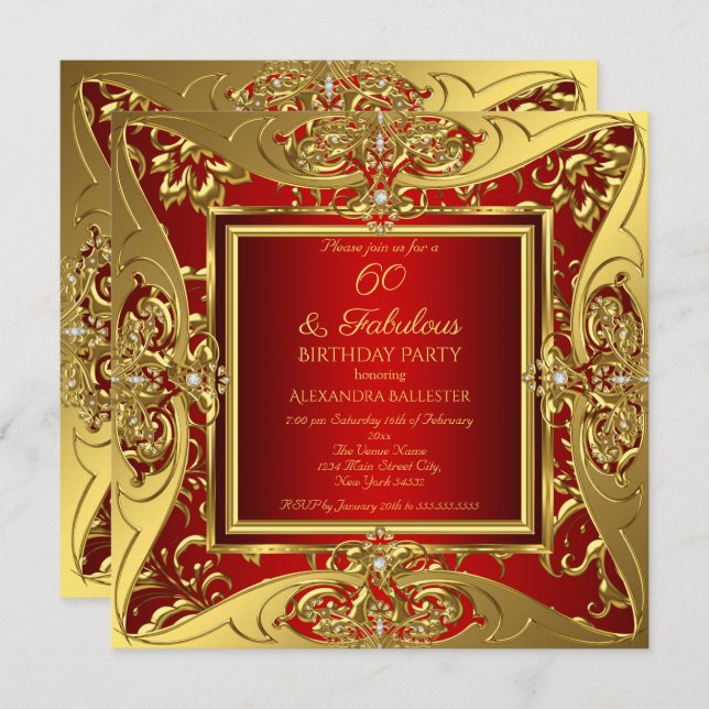 Fabulous 60 Red Gold Floral Birthday Party Invitation (Front/Back)
