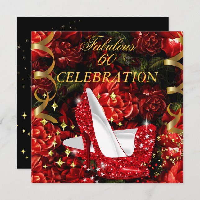 Fabulous 60 Woman's Red Gold High Heels Floral Invitation (Front/Back)