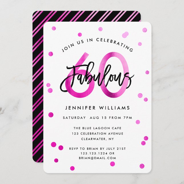 Fabulous 60th | Modern Elegant Pink Birthday Party Invitation (Front/Back)