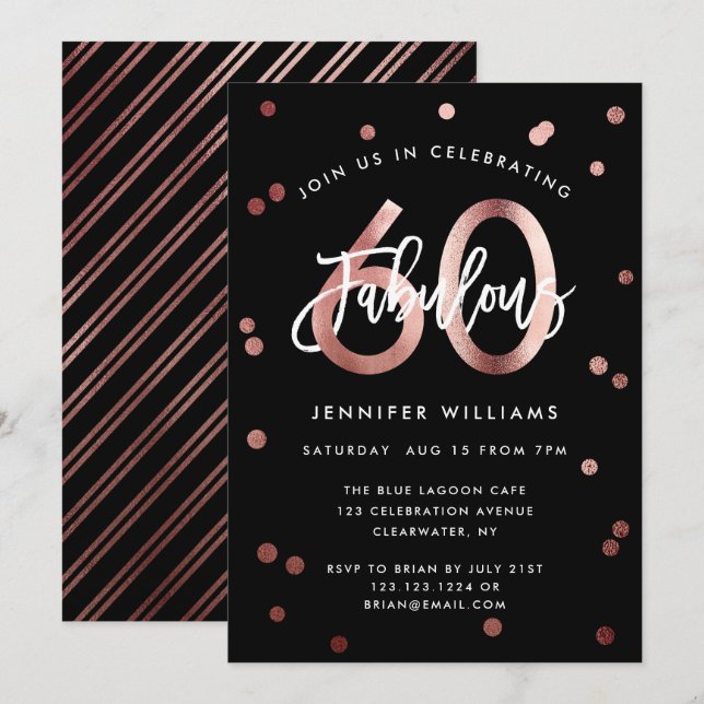 Fabulous 60th | Modern Rose Gold Stylish Birthday Invitation (Front/Back)