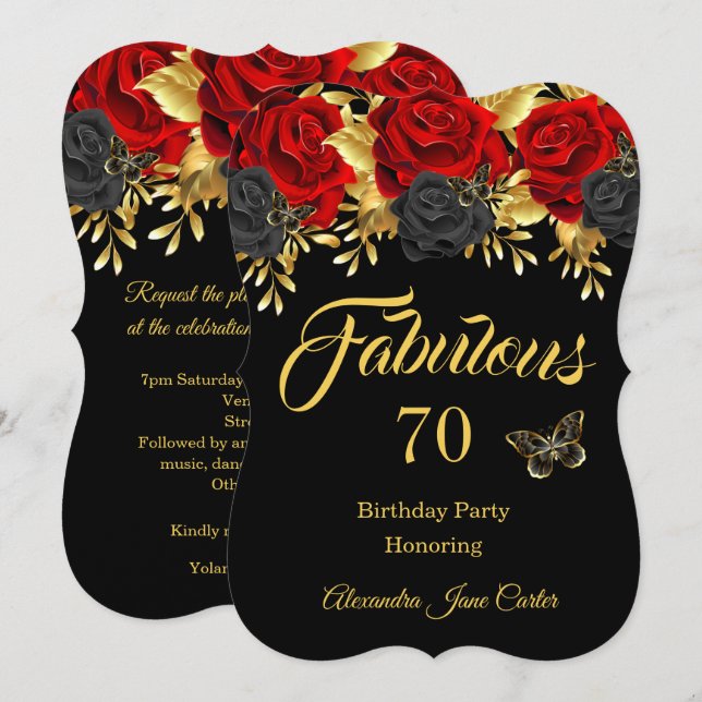Fabulous 70th Birthday Red Black Rose Butterfly Invitation (Front/Back)