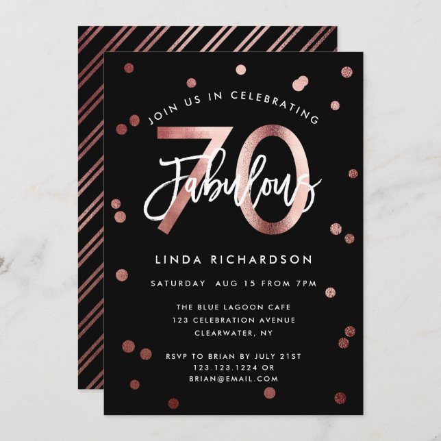 Fabulous 70th | Elegant Rose Gold Birthday Party Invitation (Front/Back)