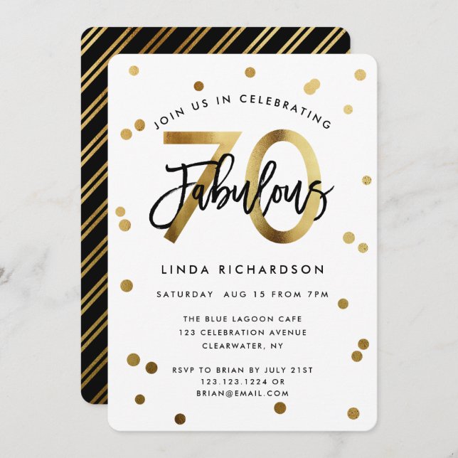 Fabulous 70th | Modern Elegant Gold Birthday Party Invitation (Front/Back)