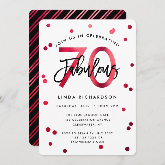 Fabulous 70th | Modern Elegant Red Birthday Party Invitation (Front/Back)