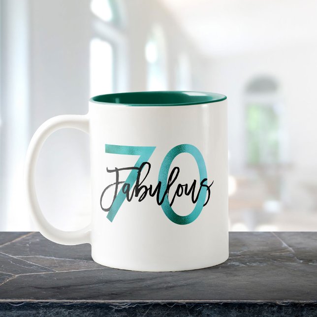 Fabulous 70th | Modern Elegant Teal Green Birthday Two-Tone Coffee Mug (Creator Uploaded)
