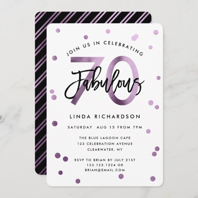 Fabulous 70th | Modern Lilac Purple Birthday Party Invitation (Front/Back)
