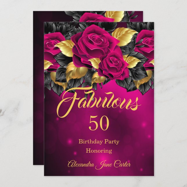 Fabulous Any Age Birthday Dark Pink Rose Gold Invitation (Front/Back)
