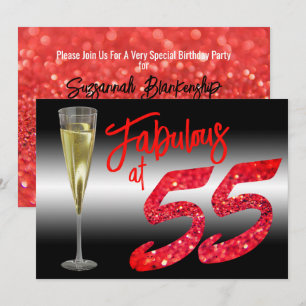Fabulous at 55 Birthday Coral Glitter Party Invitation