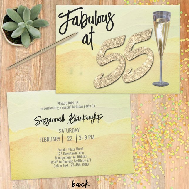 Fabulous at 55 Birthday Party Pastel Watercolor  Invitation (Start planning that glittery birthday with a fun invitation design ready for your personalization.)