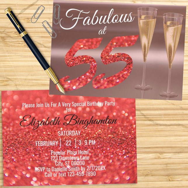 Fabulous at 55 Girly Birthday Coral Glitter Party Invitation (Creator Uploaded)