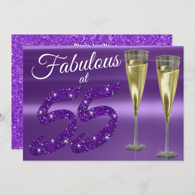 Fabulous at 55 Girly Birthday Purple Glitter Party Invitation (Front/Back)