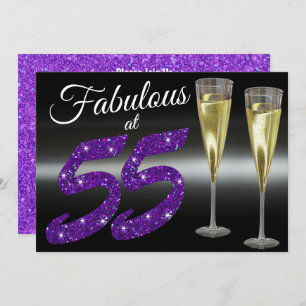 Fabulous at 55 Girly Birthday Purple Glitter Party Invitation