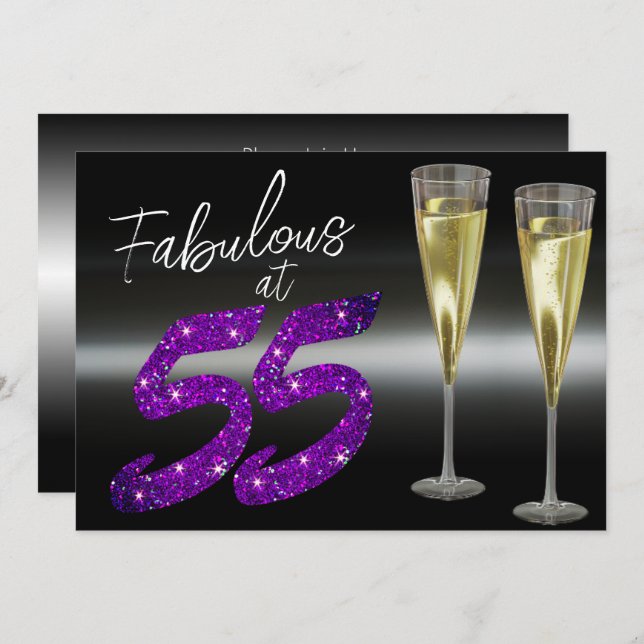 Fabulous at 55 Purple Glitter Elegant Party Invitation (Front/Back)