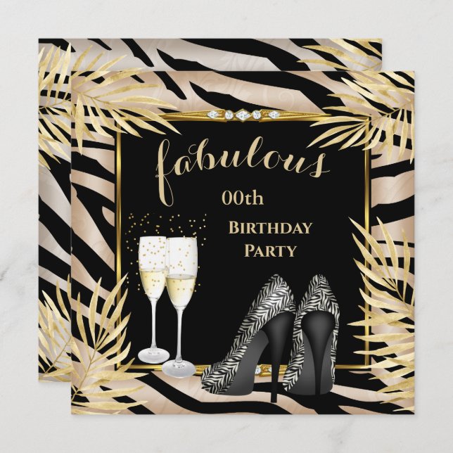 Fabulous Beige Gold Palms zebra Champagne Party Invitation (Front/Back)
