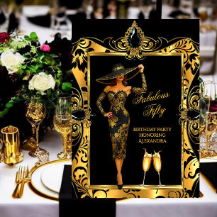 Fabulous Birthday Black Gold Damask Champagne Invitation