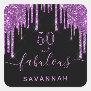 Fabulous birthday black purple glitter elegant 50 square sticker