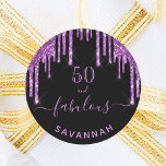 Fabulous birthday black purple glitter sparkle 50 classic round sticker<br><div class="desc">For a modern, trendy and glamorous 50th (or any age) birthday party. A classic elegant black background decorated with dark purple colored faux glitter drips, paint dripping look. With the text: 50 and fabulous. Personalize and add a name. Purple colored text. The word Fabulous is written with a modern hand...</div>