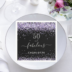 Fabulous birthday black purple glitter sparkle 50 napkin