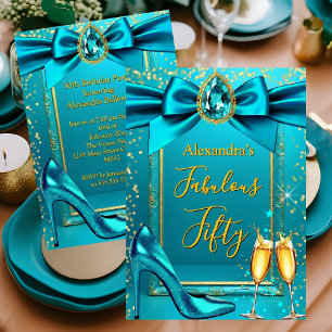 Fabulous Birthday Blue Teal Heel Champagne Gold Invitation