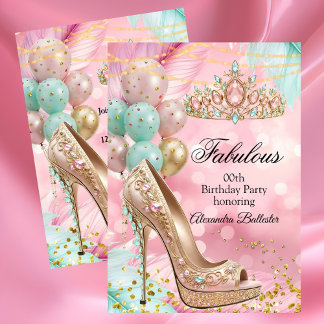 Fabulous birthday Blush Pink Teal Tiara Gold Heel Invitation