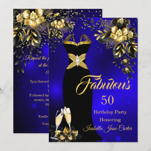 Fabulous Birthday Champagne Blue Gold Floral Invitation