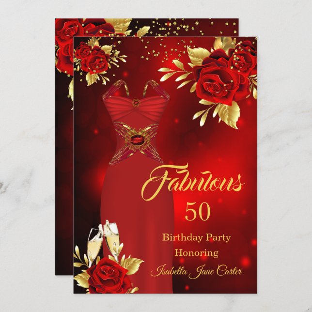 Fabulous Birthday Champagne Dress Red Rose Gold Invitation (Front/Back)