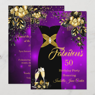 Fabulous Birthday Champagne Purple Gold Floral Invitation