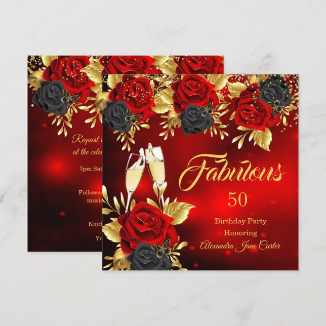 Fabulous Birthday Champagne Red Black Rose Gold Invitation (Front/Back)