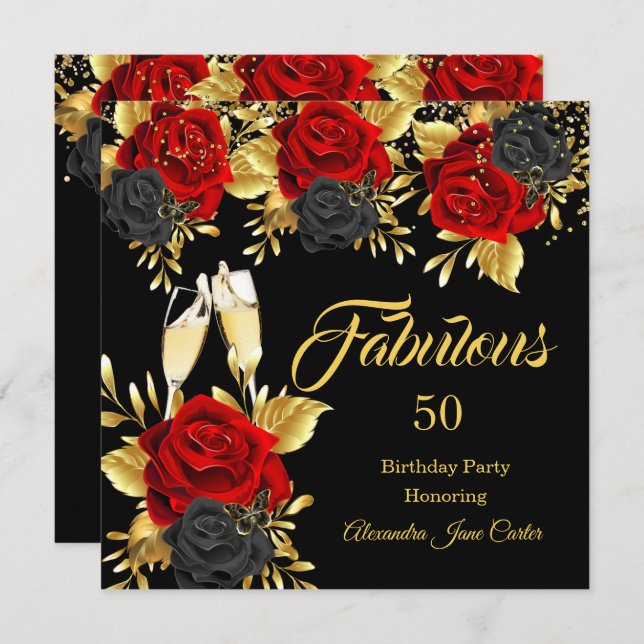 Fabulous Birthday Champagne Red Black Roses Gold  Invitation (Front/Back)