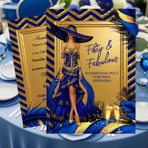 Fabulous Birthday Glamor Woman Blue Gold Feathers Invitation