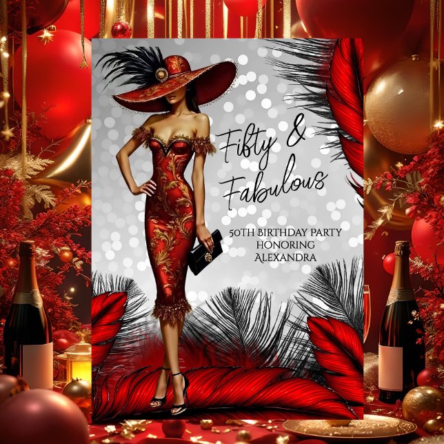 Fabulous Birthday Glamour Woman Red Black Dress Invitation (Creator Uploaded)