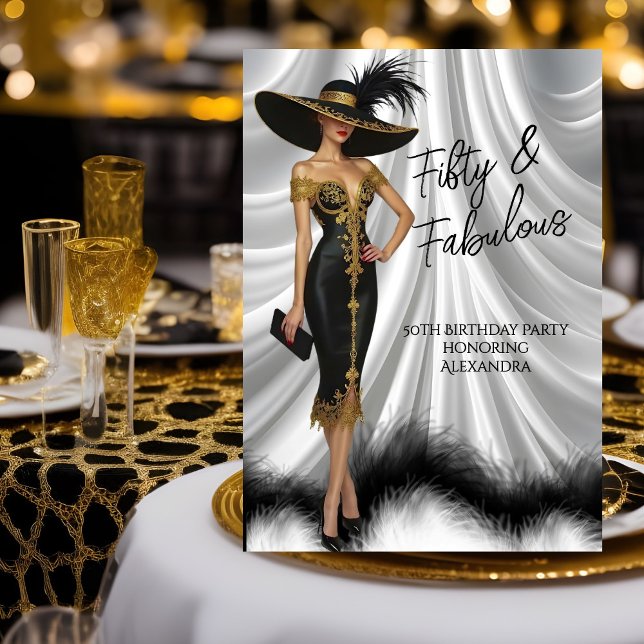 Fabulous Birthday Glamourous Woman Black Gold Invitation (Creator Uploaded)