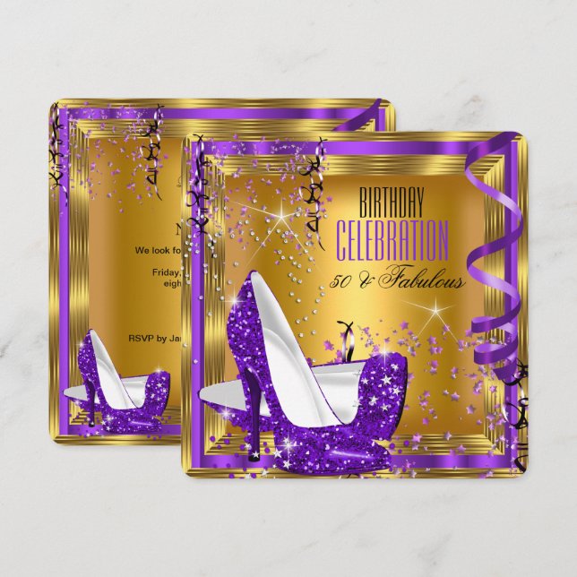 Fabulous Birthday Glitter Purple High Heels Gold 3 Invitation (Front/Back)