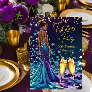 Fabulous Birthday Glitter Purple Teal Champagne Invitation