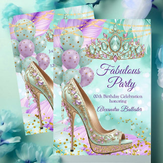 Fabulous birthday Lilac Teal Tiara Gold Heel Invitation