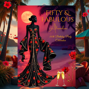 Fabulous Birthday Moonlight Beach Black Red Gold Invitation