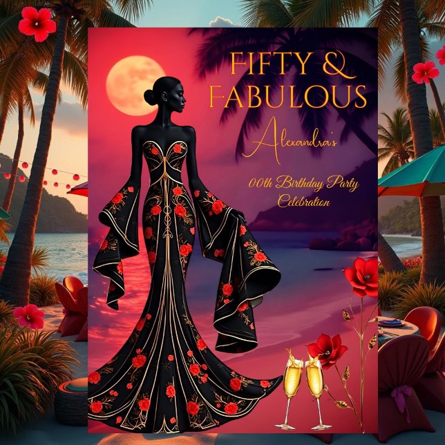 Fabulous Birthday Moonlight Beach Black Red Gold Invitation (Creator Uploaded)