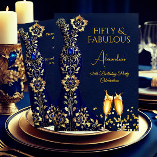 Fabulous Birthday Navy Blue Gold Dress Champagne Invitation