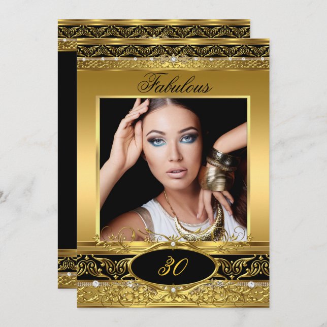 Fabulous Birthday Party Black Gold Floral Photo 2 Invitation (Front/Back)