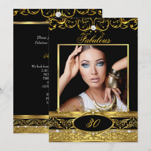 Fabulous Birthday Party Black Gold Floral Photo Invitation