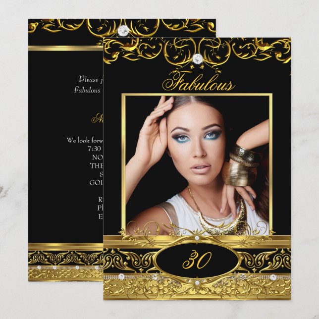 Fabulous Birthday Party Black Gold Floral Photo Invitation (Front/Back)