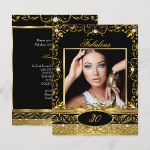Fabulous Birthday Party Black Gold Floral Photo Invitation