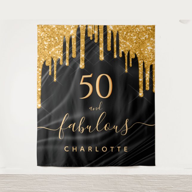 Fabulous birthday party glitter black gold satin tapestry (Front)