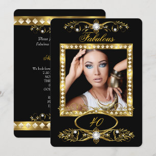 Fabulous Birthday Party Pearl Black Gold Photo Invitation