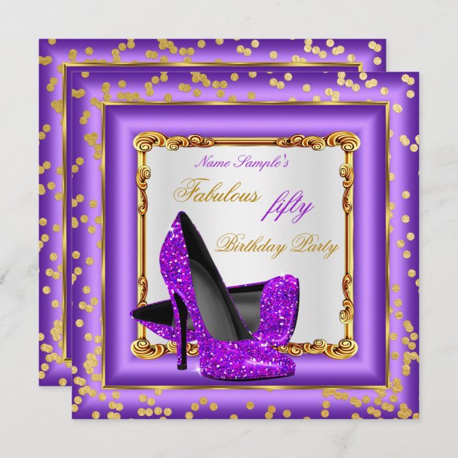 Fabulous Birthday Party Purple Gold High Heels Invitation (Front/Back)
